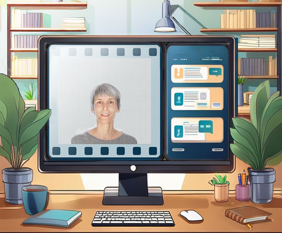 Bureau avec affichage d'une fenêtre de visio conférence au premier plan